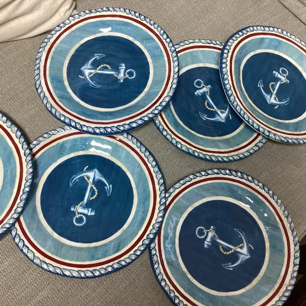 Vintage Cynthia Coulter Melamine Sail Away Nautical Anchor (6) 9" Salad Plates - Picture 2 of 13